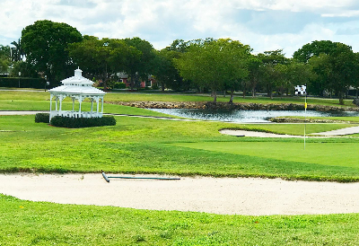 view of green with bunker in the foreground